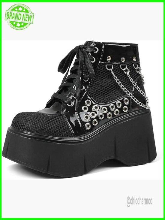 Shoes - Wedge Platform Lace Up Chain Mesh Combat Ankle Booties Punk Goth